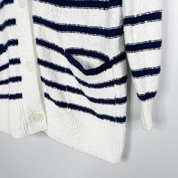 New LOFT S White Navy Blue Striped V Neck Pocket Long Cardigan Sweater Cotton - Picture 5 of 12